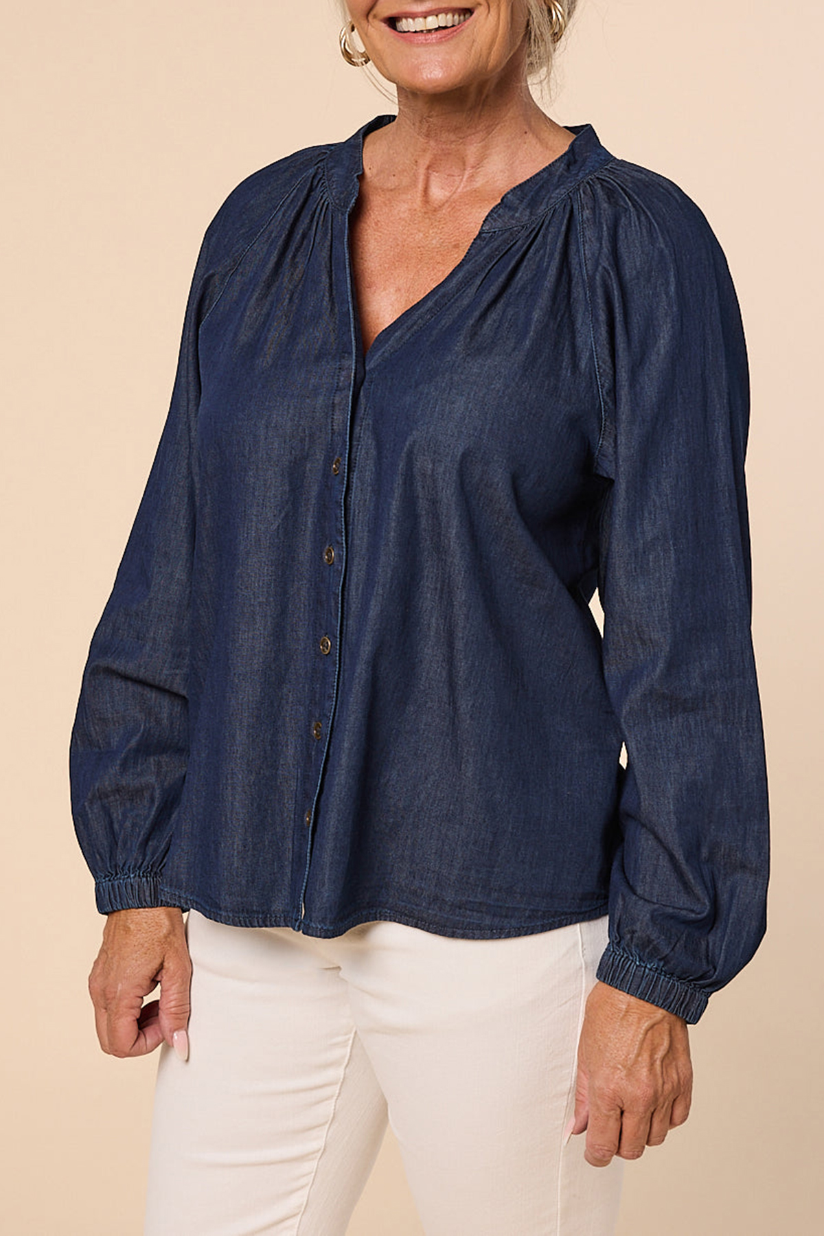 Kitty Chambray Top In Dark Wash