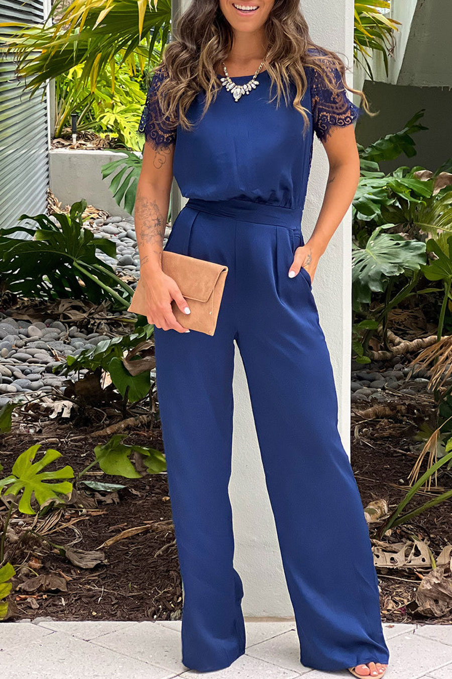 Navy Jumpsuit With Lace Back And Sleeves