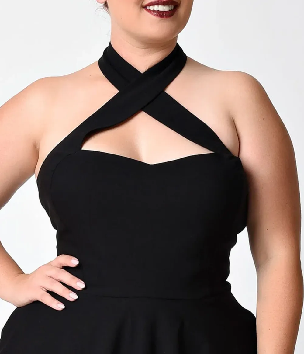 Unique Vintage Plus Size Black Criss Cross Halter Rita Flare Dress