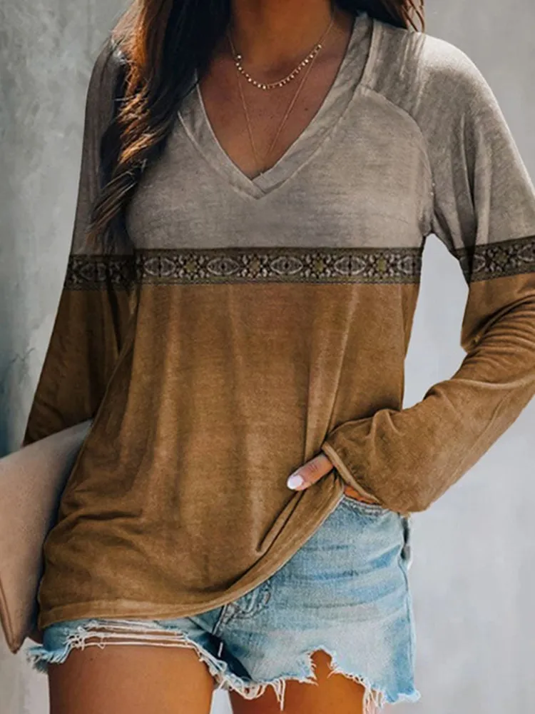 Vintage Simple V-Neck Long Sleeve Shirt