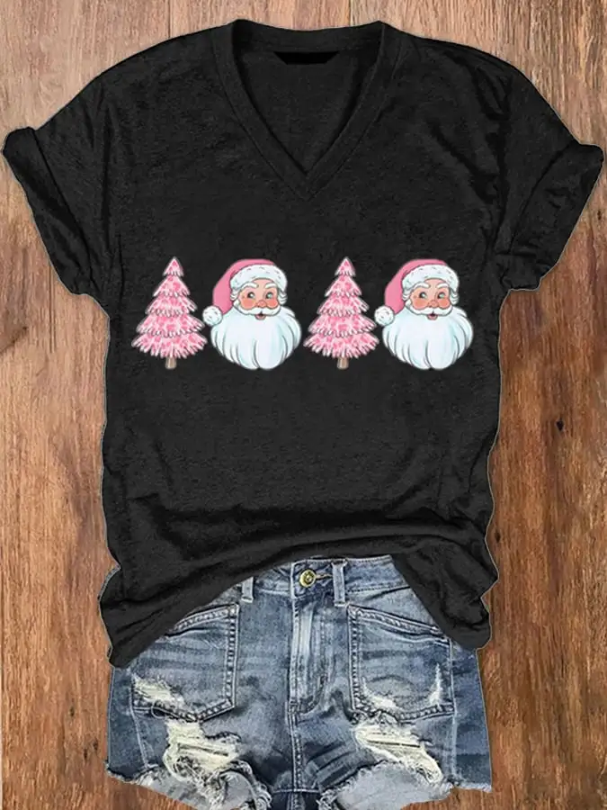 Women's Santa   Tree Print V-Neck Short Sleeve T-Shirt