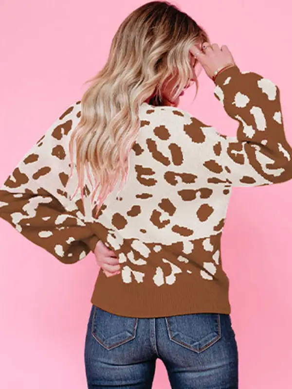 Urban Puff Sleeves Leopard Two-Tone Round-Neck Sweater Tops