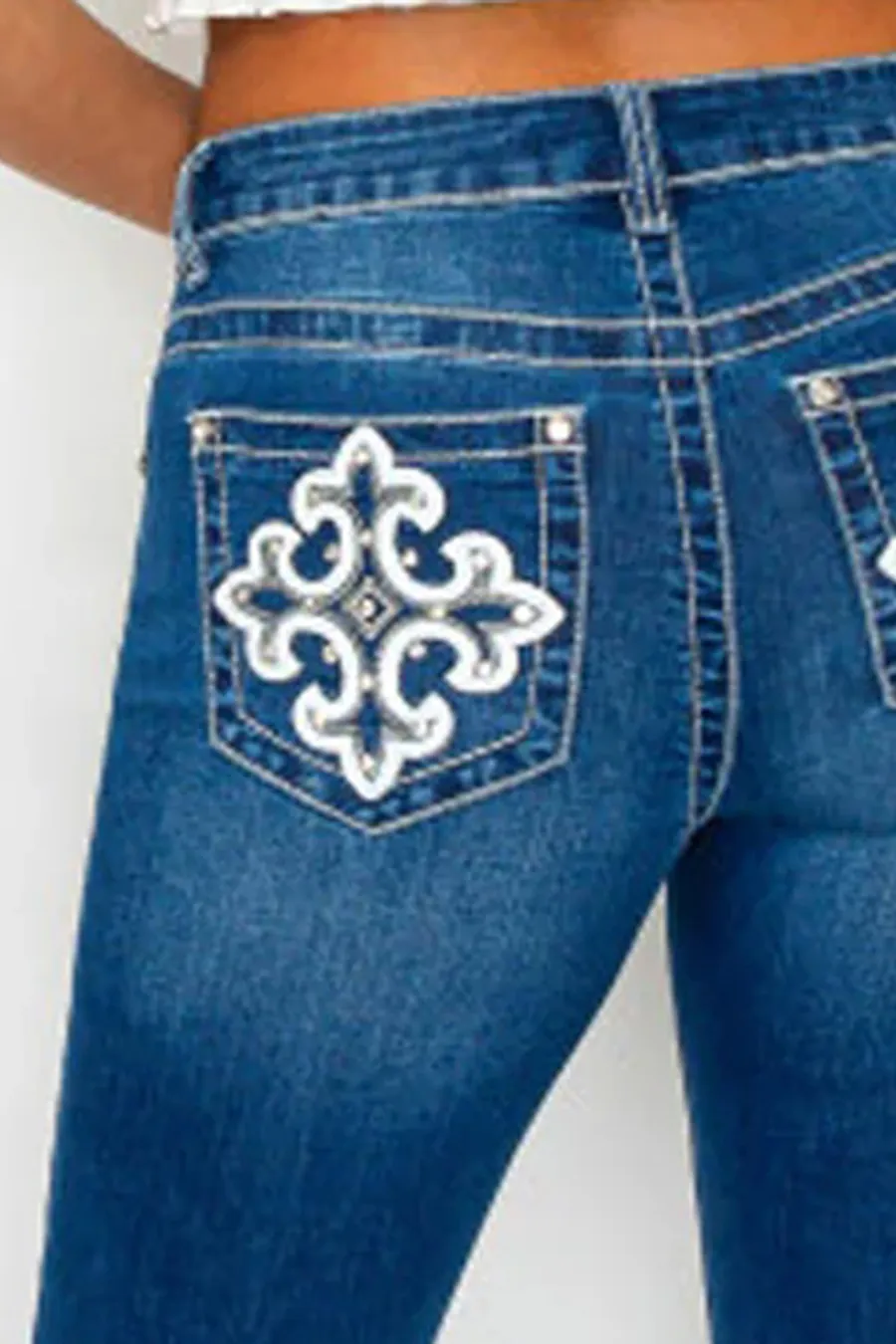 WAXJEAN Y2K Rhinestone & Embroidered Patch Pocket Bootcut Jean With Great Stretch