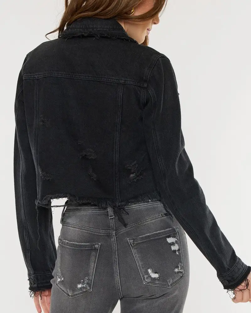 Crop Fray Hem Jacket - Black