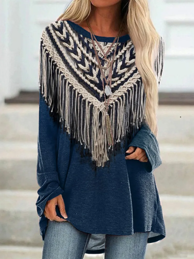 Western Tassel Printed Long Sleeve Casual Tunic