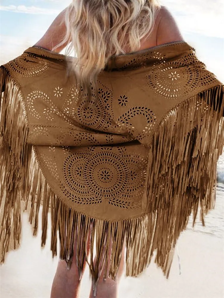 Western Hollow Carved Tassels Suede Shawl