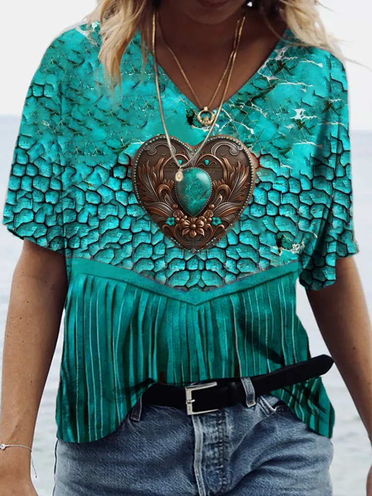 Western Turquoise Fringed Leather Art Print V-Neck T-Shirt