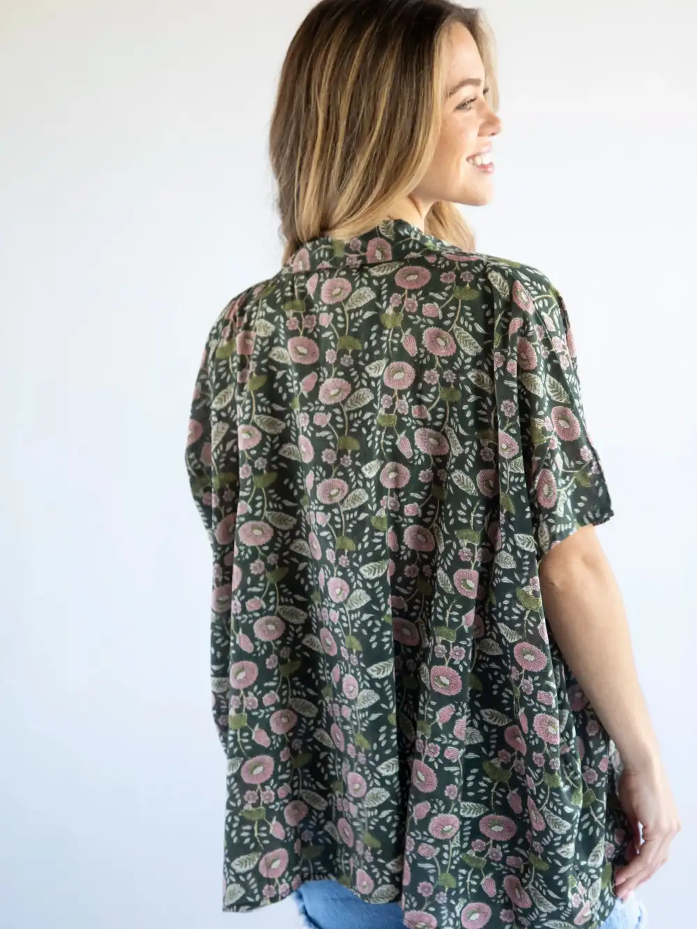 Kelly Oversized Cotton Button Down - Dark Green Pink Floral Vines