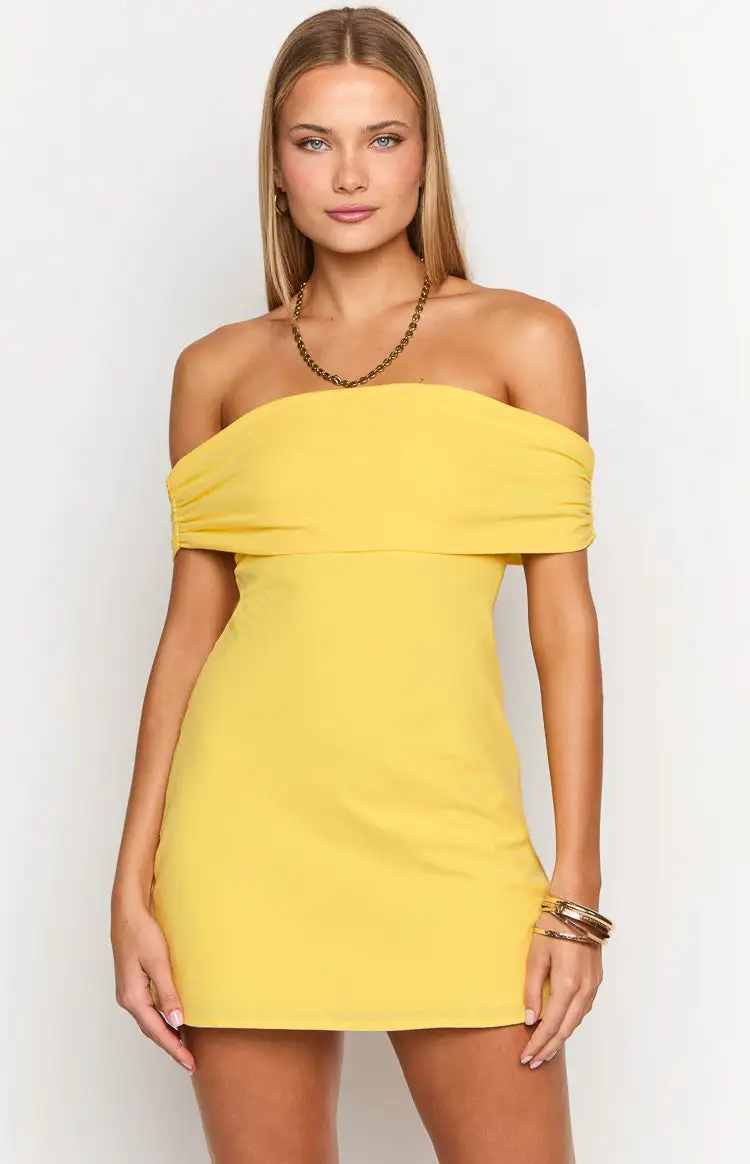 Primrose Yellow Off the Shoulder Mini Dress