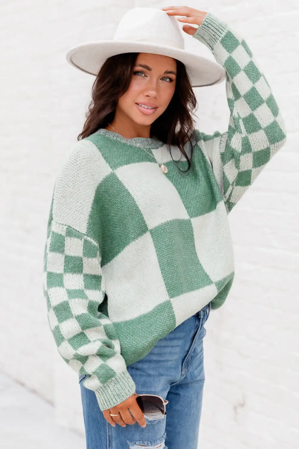 Checkered Print Drop Shoulder Sweater