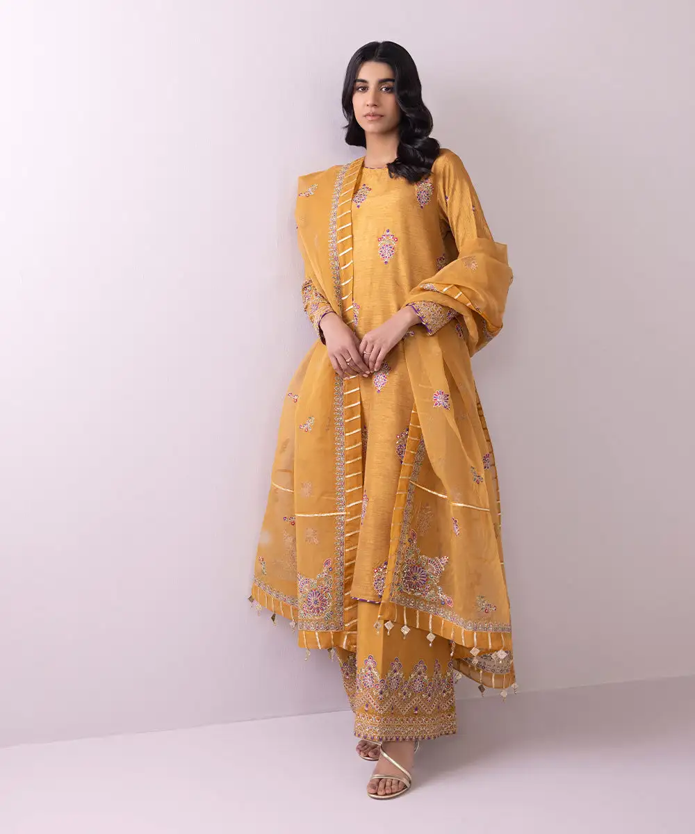 3 Piece - Embroidered Raw Silk Suit