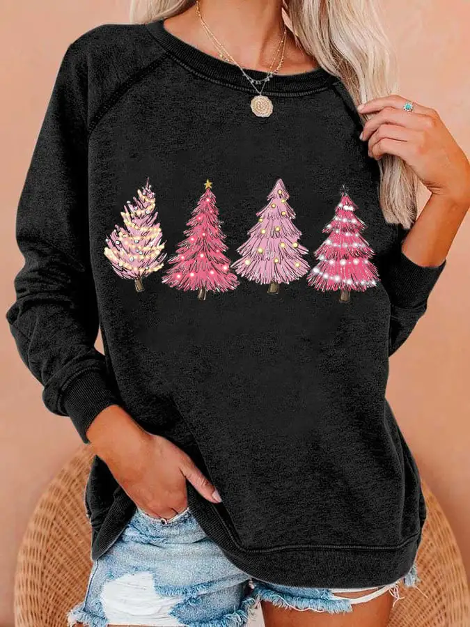 Women's Pink Christmas Tree Print Sweatshirt