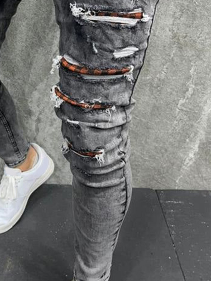 Checkered Chain Tight Perforated Jeans