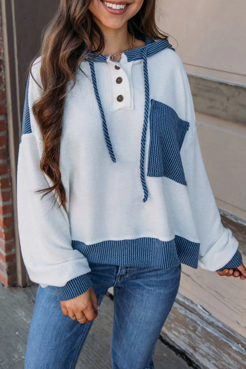 White Corded Patch Pocket Drawstring Henley Long Sleeve Tops