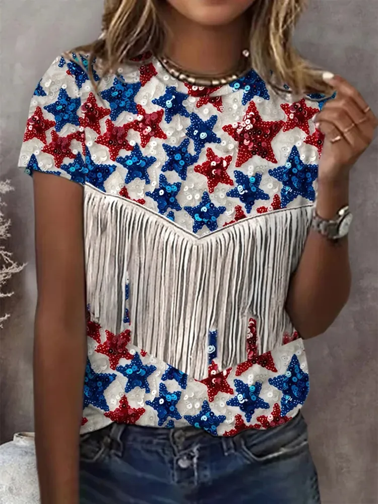 Women's American Flag Stars Glitter Sequin Tassel Print T-Shirt