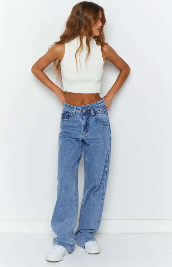 Kansis Blue Uneven Waist Jeans