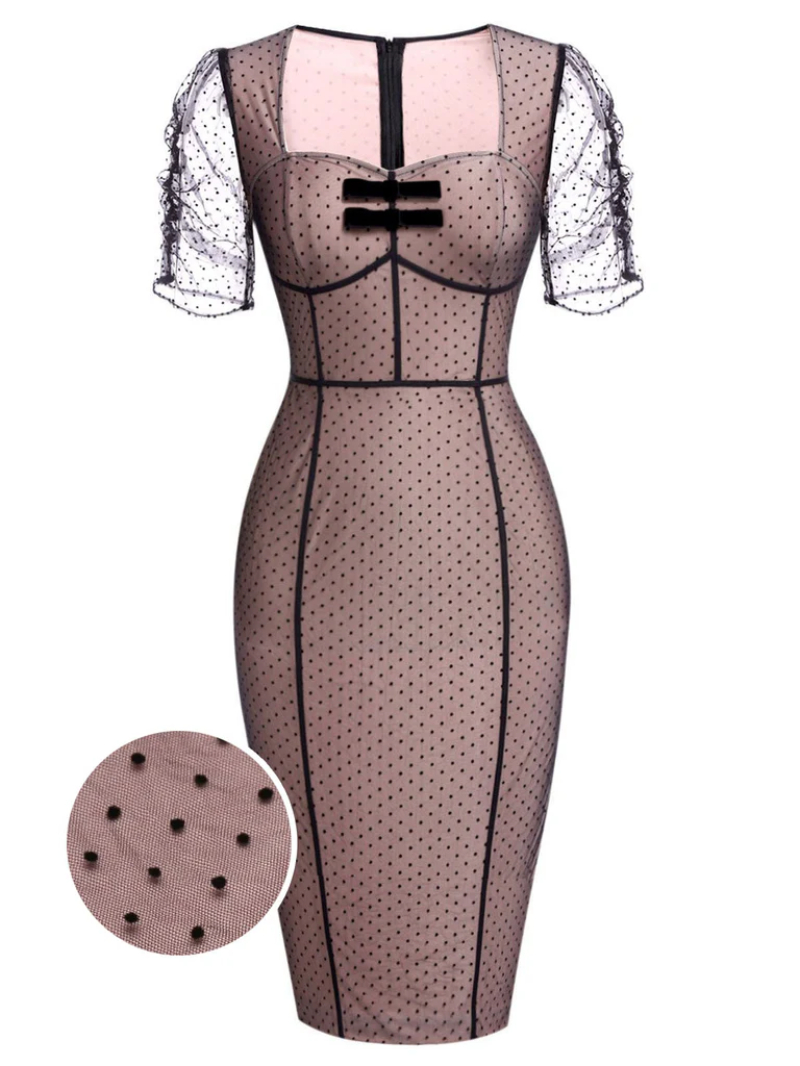 PINK 1960S POLKA DOT MESH PENCIL DRESS