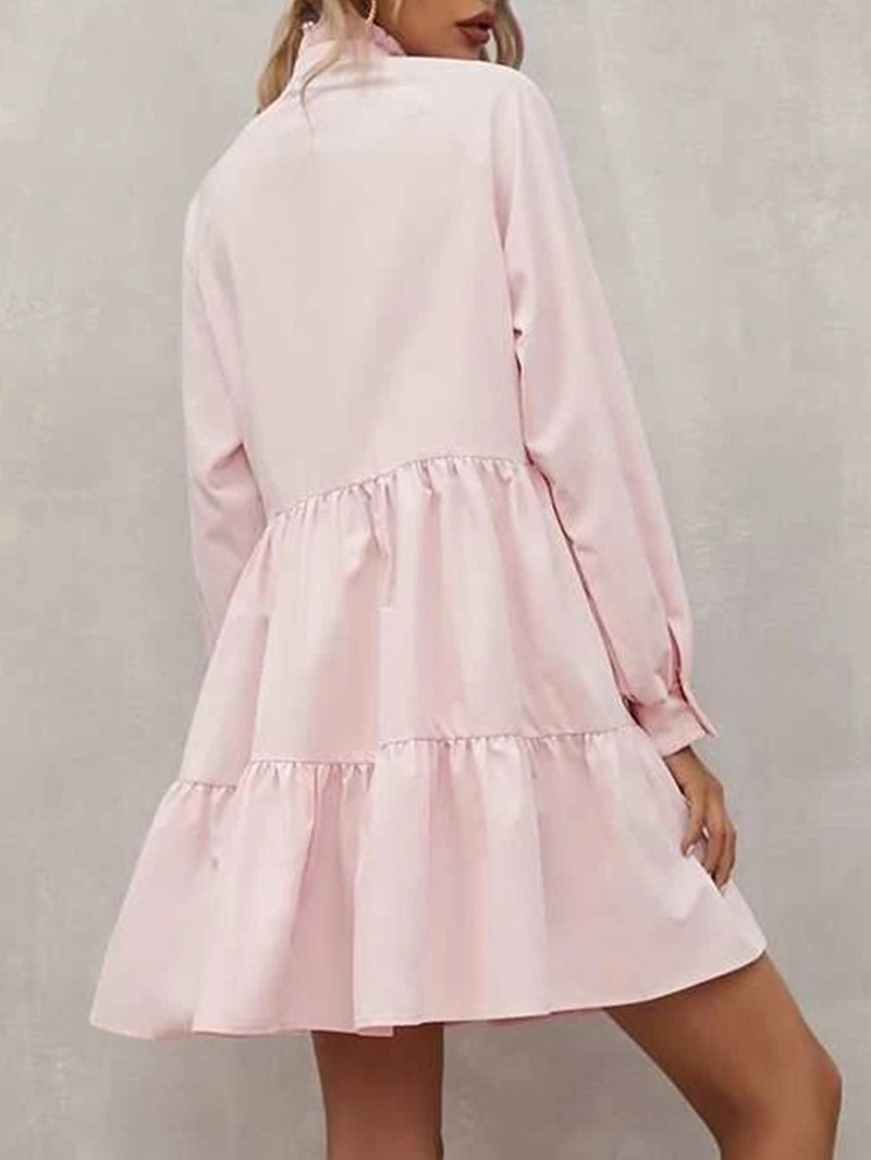 Pink Frilled Stand Collar Long Sleeve Ruffle Dress