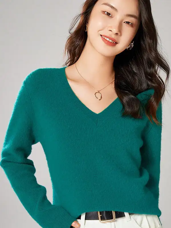 Simple 6 Colors V-Neck Long Sleeves Wool Knitting Sweater