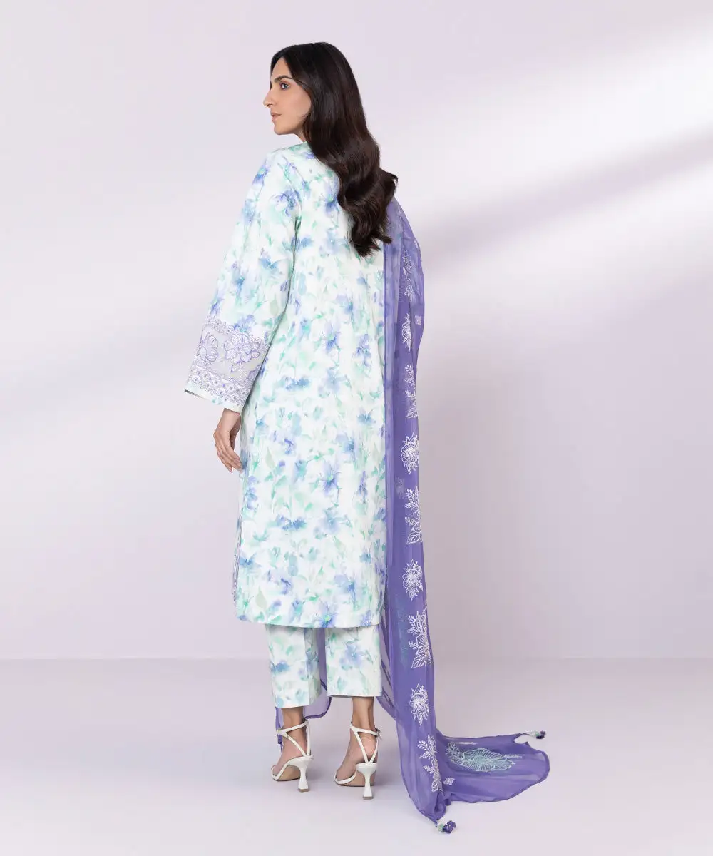 3 Piece - Embroidered Cotton Satin Suit