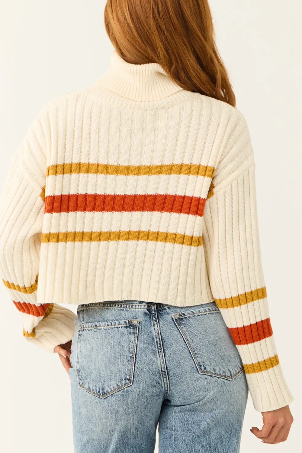 Cream Striped Turtleneck Cropped Sweater