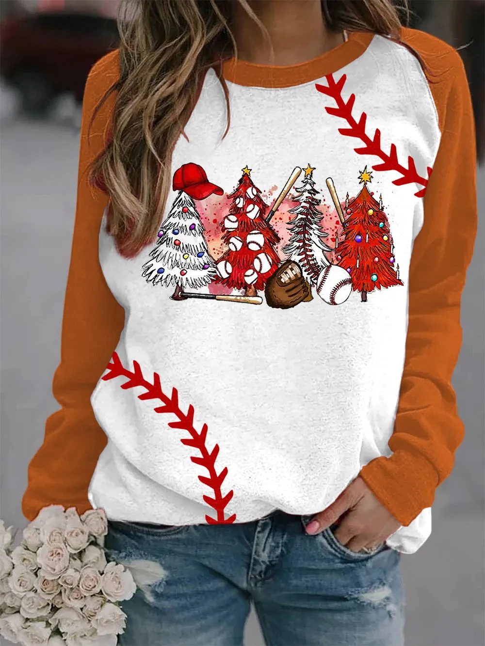 Women's Merry   Baseball Print Long Sleeve Top