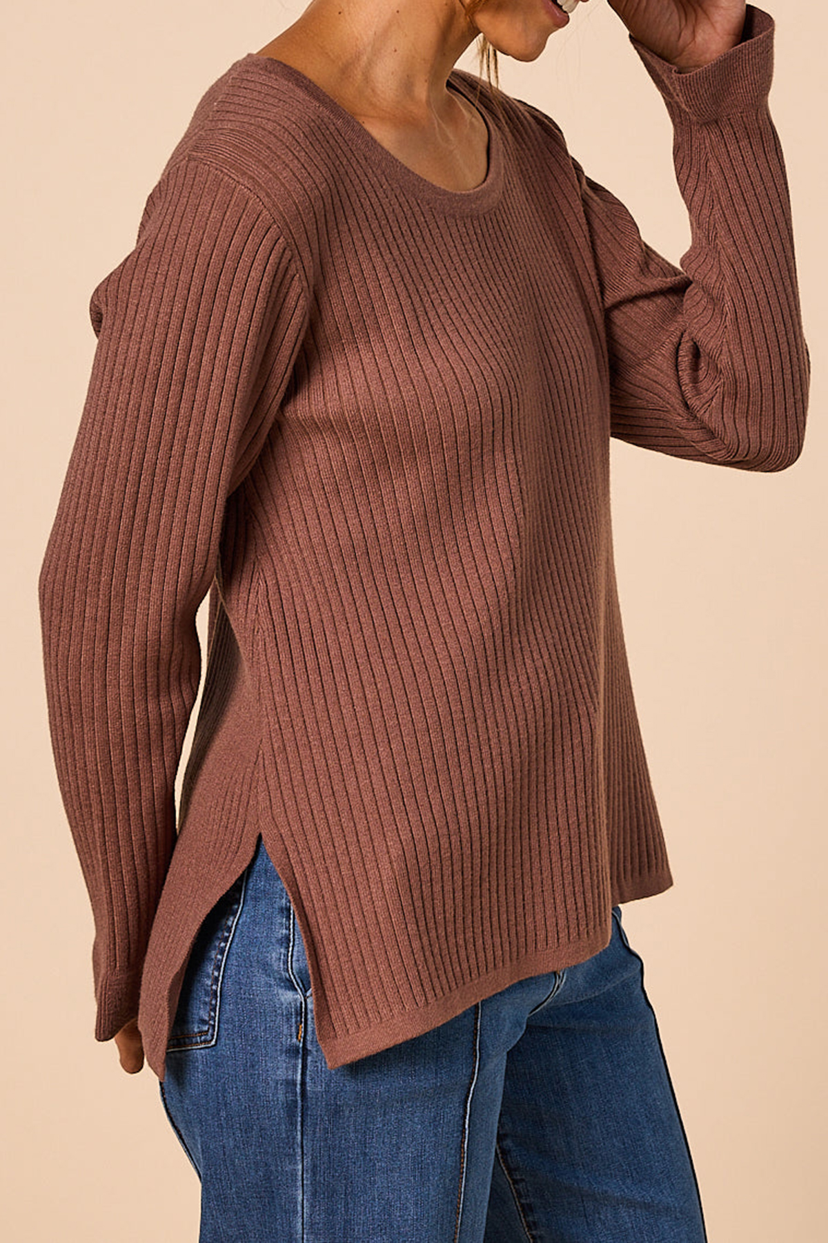 Long Sleeve Knitted Top In Cacao