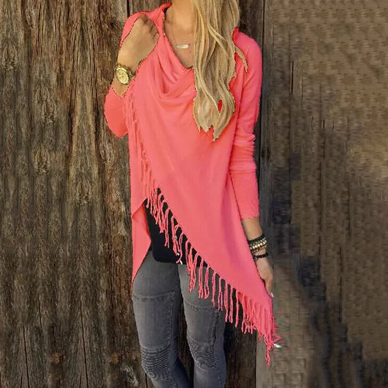 Solid Color Casual Fringe Long Sleeve T-Shirt