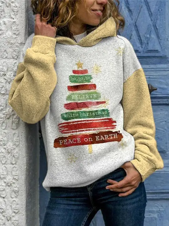 Women's Oh Oh Oh Believe White   Peace On Earth   Tree Print Sweatshirt