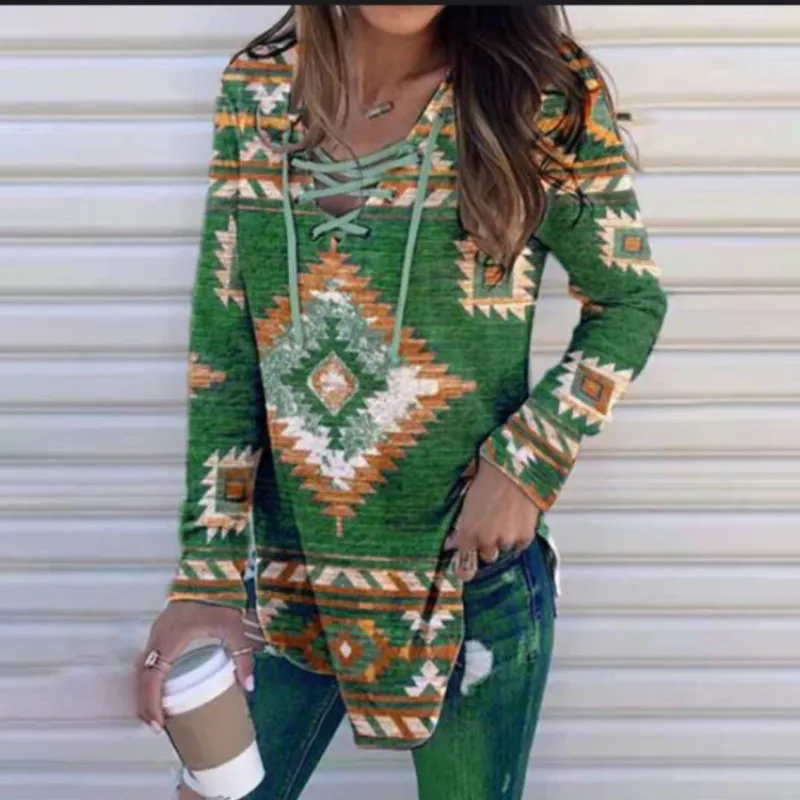 Vintage Western Print Tie Up Long Sleeve Sweatshirt