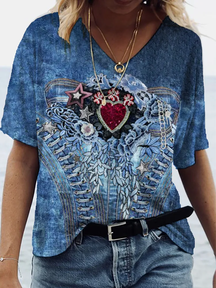 Western Denim Heart Floral Casual Short Sleeve T-Shirt