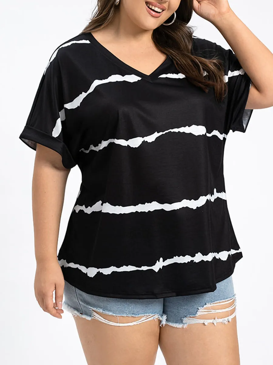 Plus Striped V-Neck Cuffed Sleeve Tee