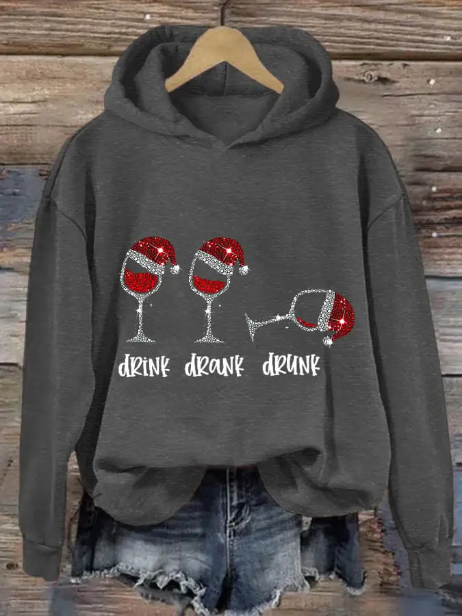 Women's Funny Christmas Drink Drank Drunk Red Wine Glass Casual Hoodie