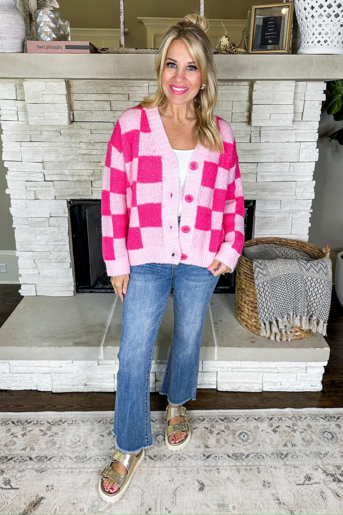 Pink Checkered V Neck Button Down Cardigan