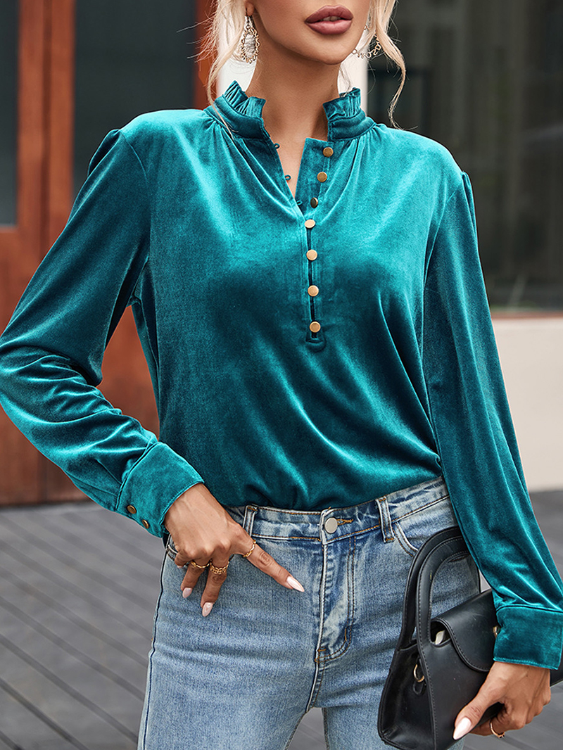 Suede metal button collar casual top