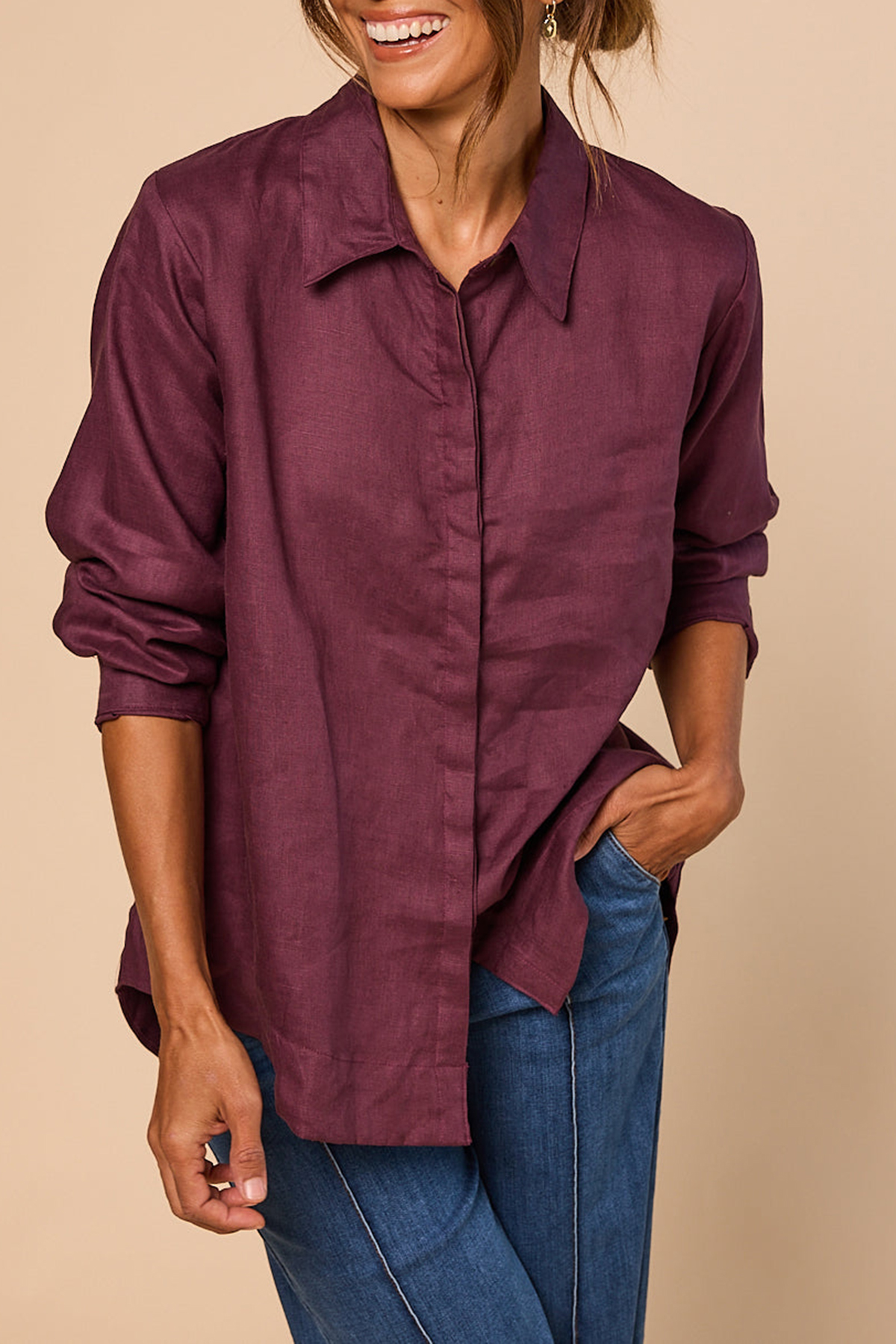 Oversized Linen Boyfriend Shirt In Plum