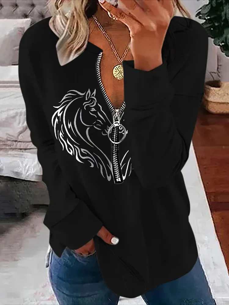 Casual Horse Heart Print Long Sleeve Sweatshirt