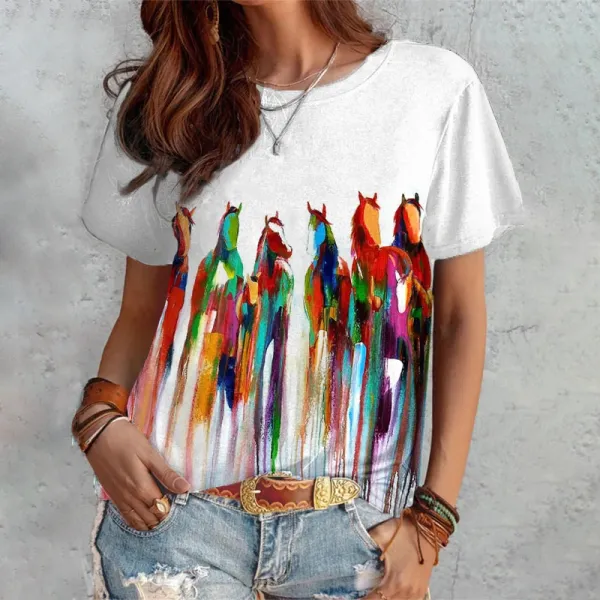 Vintage Watercolor Horse Print Casual T-Shirt