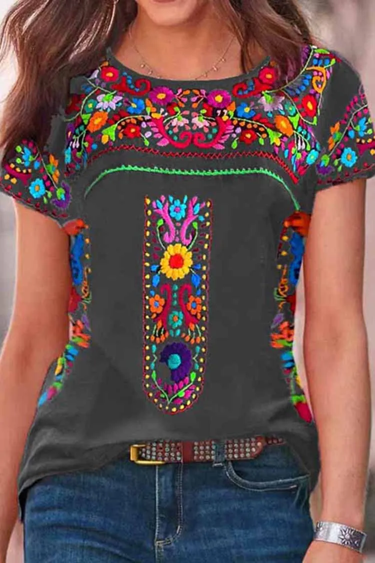 Retro Round Neck Tribal Printed Short Sleeve T-Shirt