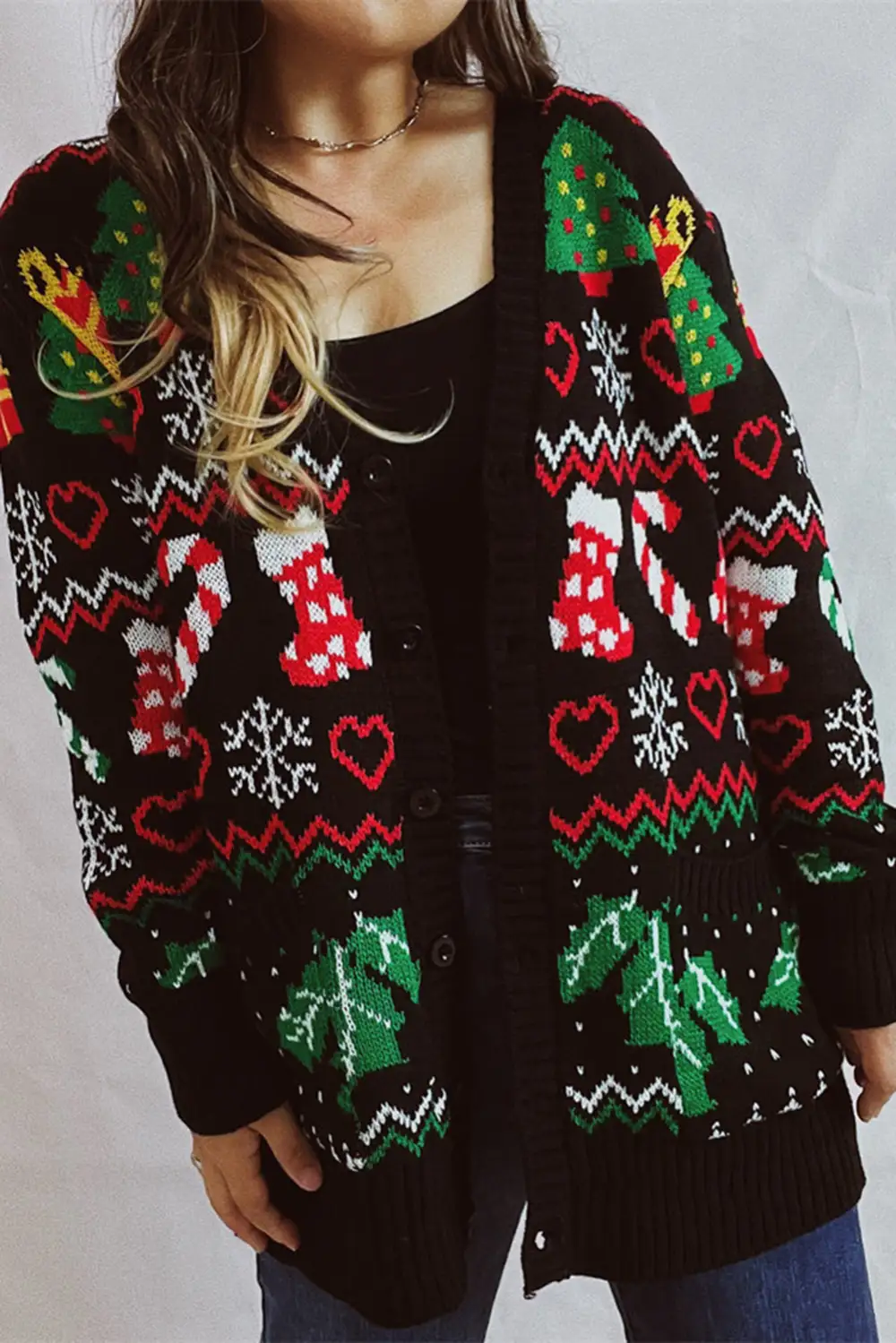 Black Heart Christmas Fashion Pattern Button Up Drop Shoulder Cardigan