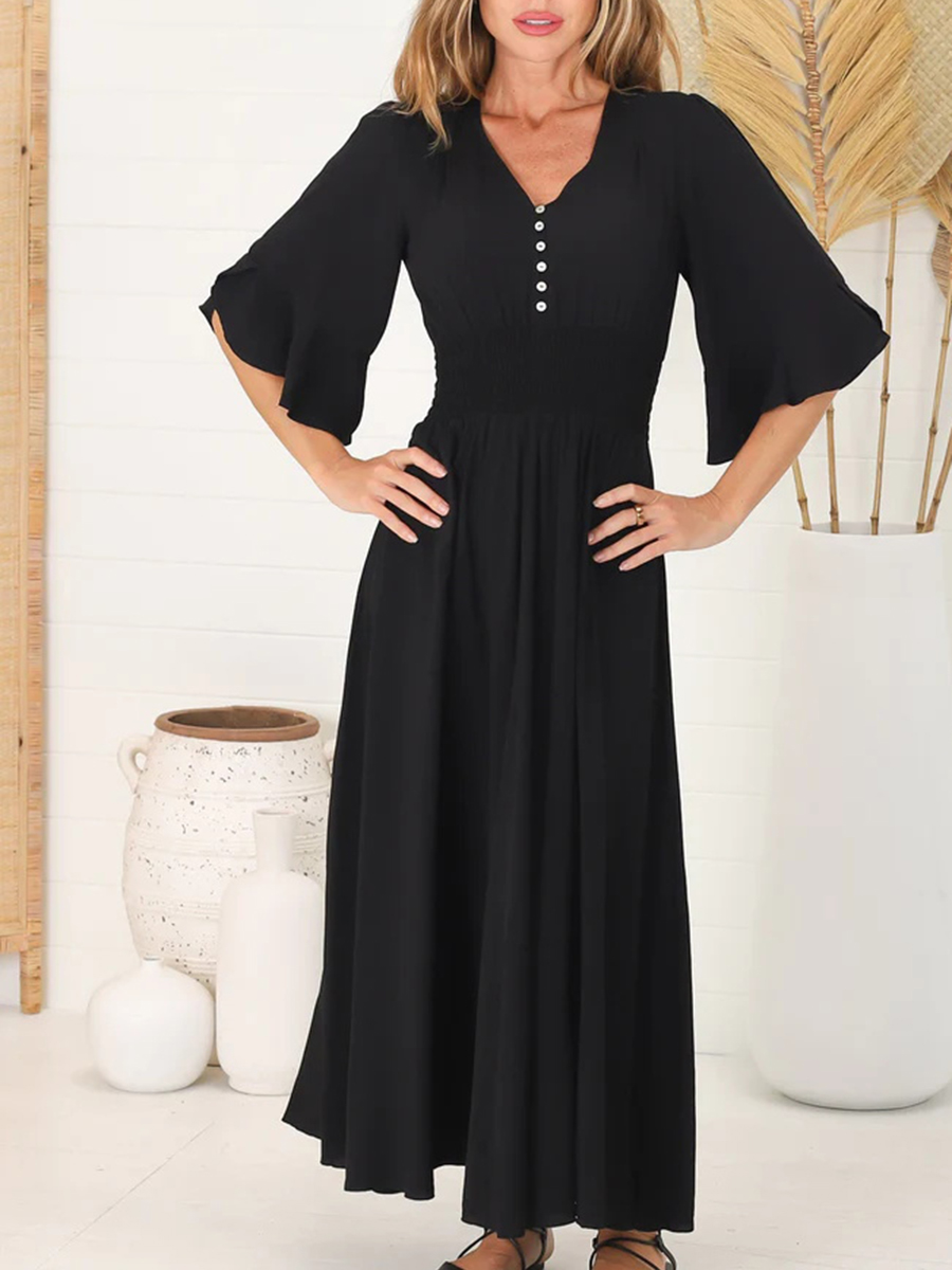 Black V-neck waist boho simple dress