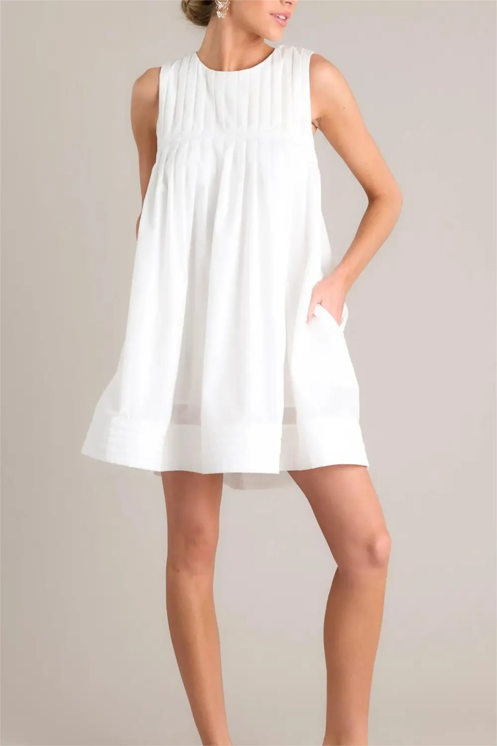 PLEATED PETAL WHITE MINI SHIFT DRESS