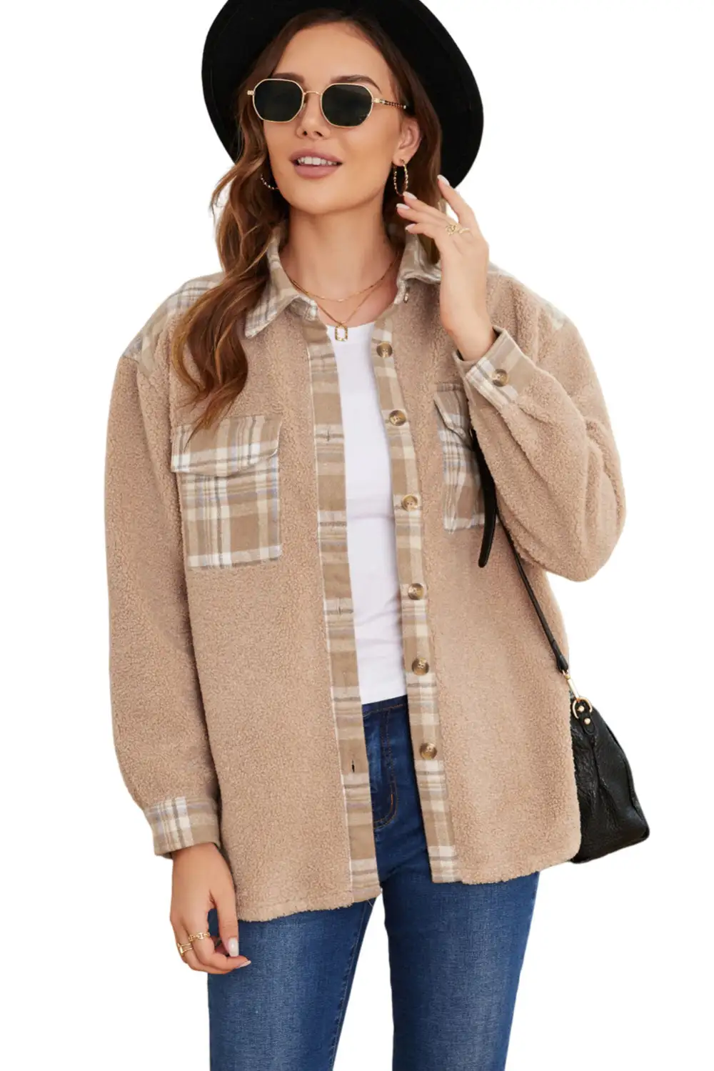 Apricot Plaid Patchwork Buttoned Sherpa Shirt Jacket