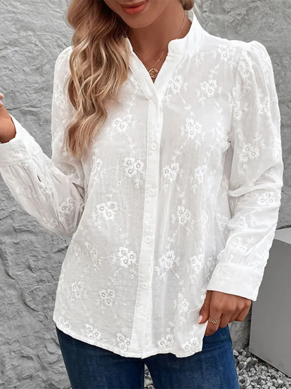 Women's Cardigan Shirt Long Sleeve Hollow Lace Top Jacquard Shirt