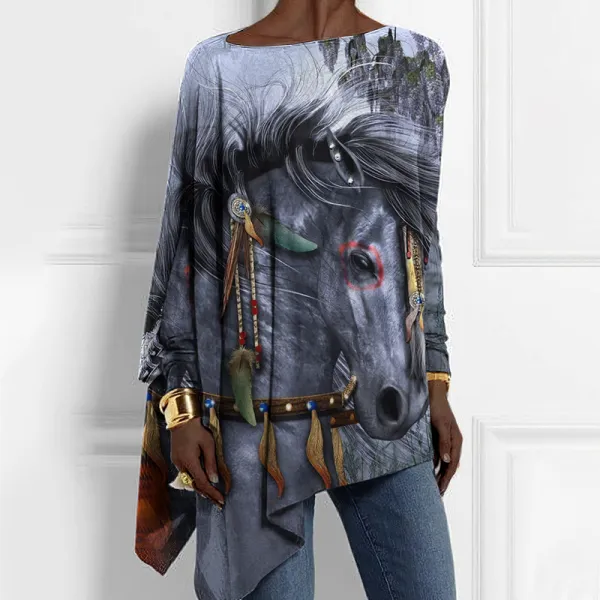 Western Horse Print Round Neck Loose Casual Tunic