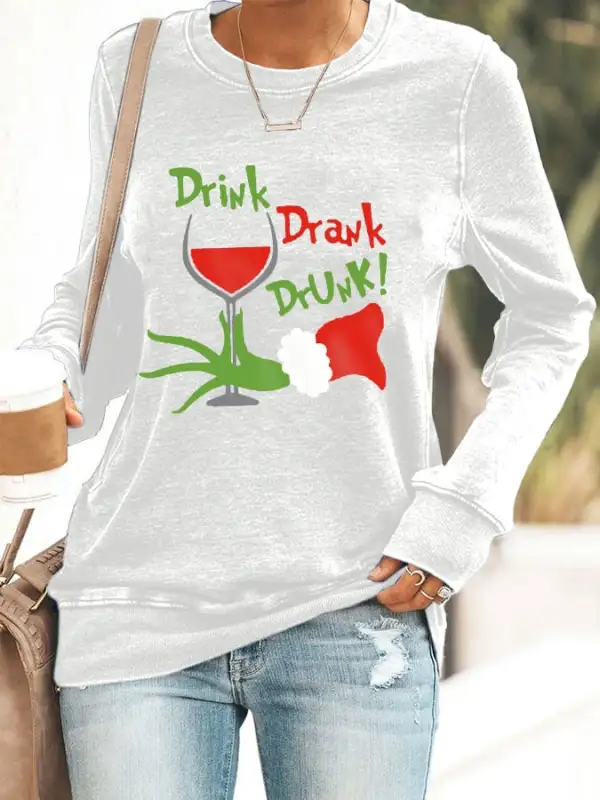 Women's Funny Christmas Drink Drank Drunk Red Wine Glass Casual Sweatshirt