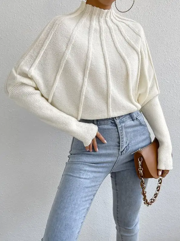 White turtleneck pullover bat sleeve sweater