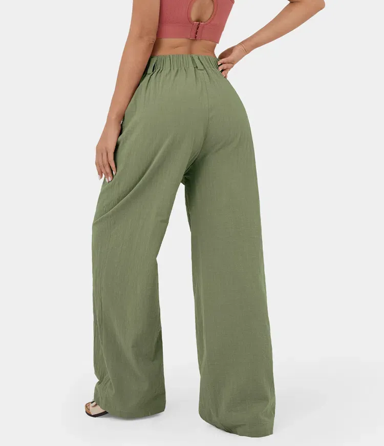 High Waisted Plicated Side Pocket Wide Leg Flowy Solid Palazzo Casual Pants