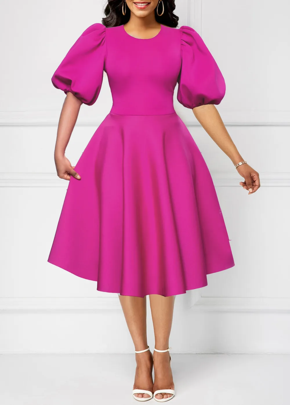 New Year Umbrella Hem Round Neck Hot Pink Dress