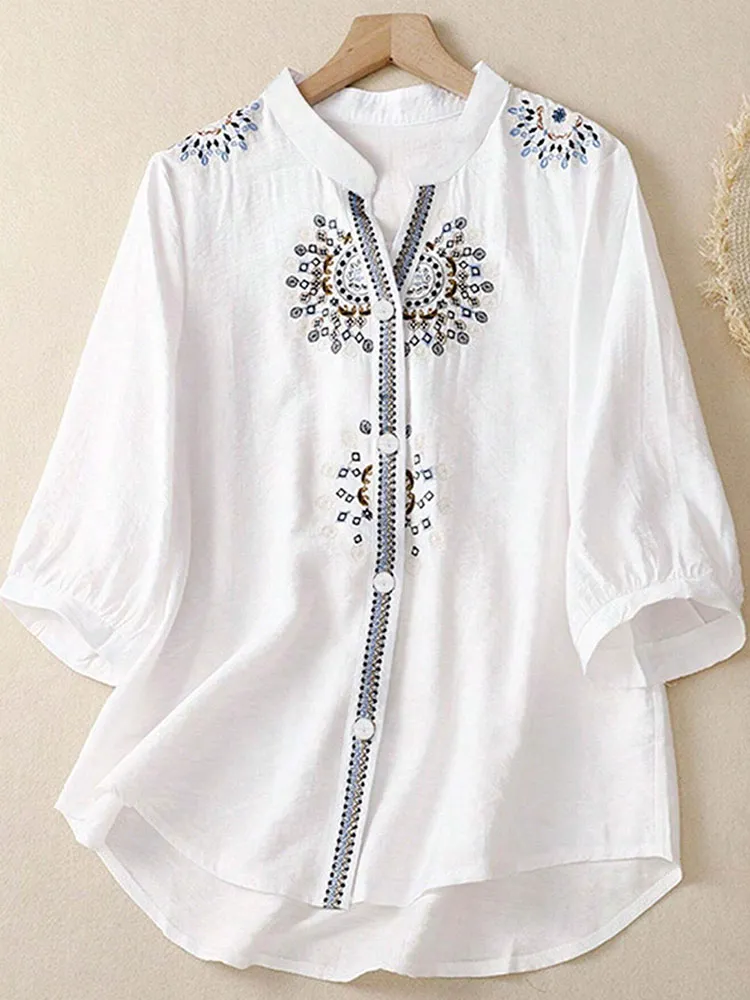 Women's Casual Retro Ethnic Style Embroidered Cotton Shirt